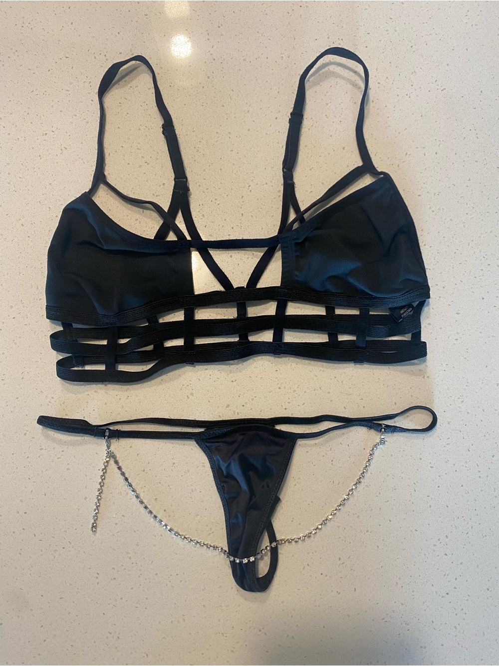 Strappy Black Set with Rhinestone Chain Accents